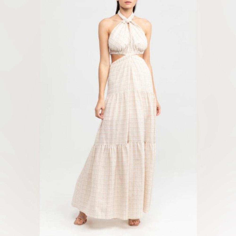 Significant Other US 2 Clementine Halter Maxi Dress Almond Check NWT